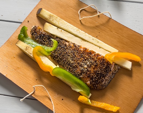 fish & vegetables in a cedar wrap