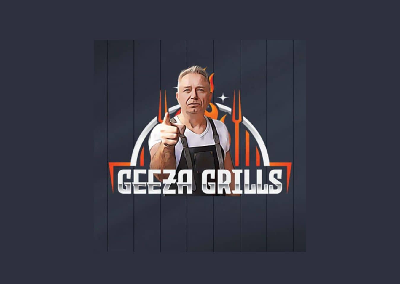 Rustic cedar woodworking sign featuring a man giving a thumbs up, with "Geeza Grills" logo in the background, ideal for custom outdoor barbecue and grill branding.